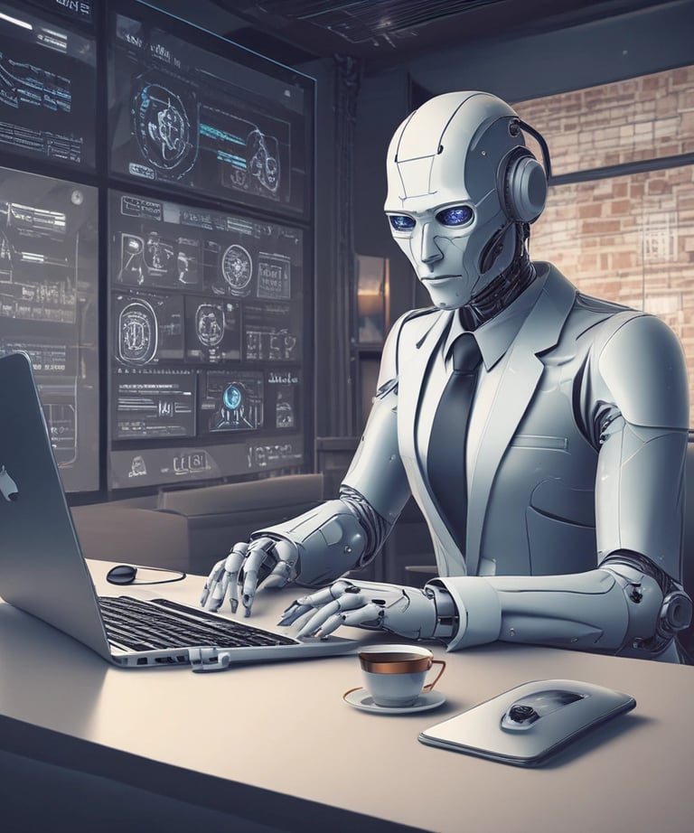 A hand is holding a smartphone displaying a website with the header 'LE SOLUZIONI'. The smartphone screen shows a section with an image of a person and text underneath. The background is a wooden table surface.