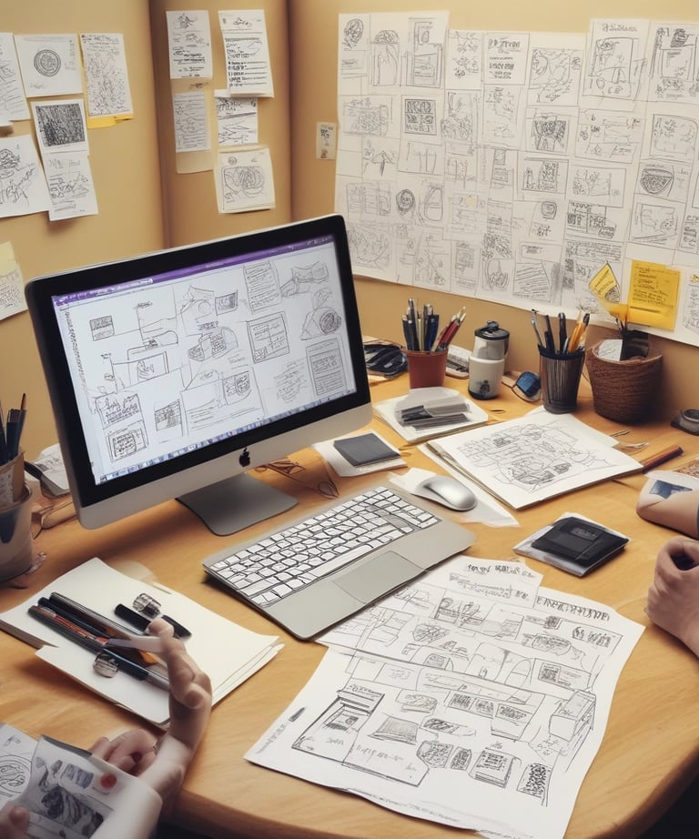 A logo design process in action with sketches and digital tools.