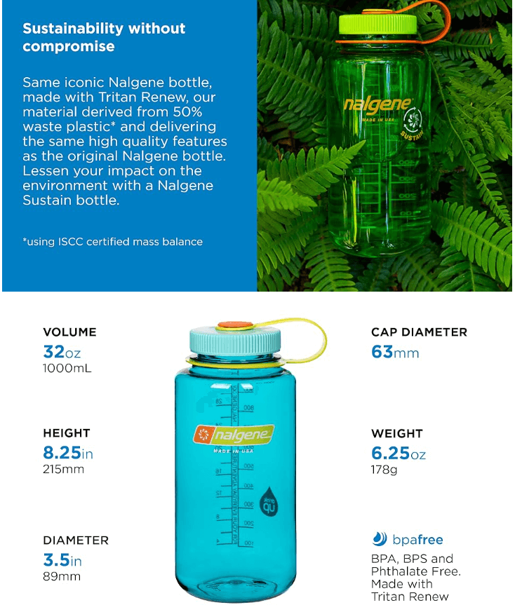 Nalgene Tritan 32oz Wide Mouth Water Bottle with ice and lemon, highlighting its simple