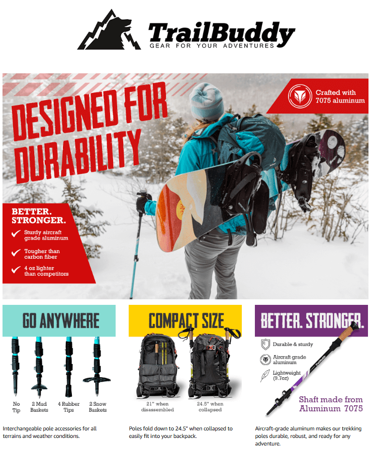 Snow boarder using a TrailBuddy Poles on a snow fun day