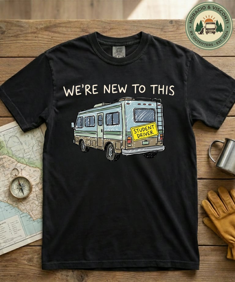 We're New To This funny RV camping shirt by Horacio & Visconti