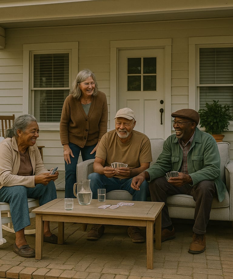a group of people sitting on a porch