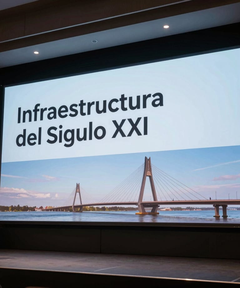 Photography of a professional conference stage with a large screen displaying the words 'Infraestructura del Siglo XXI' and a photo of a modern bridge.