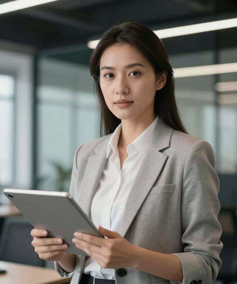 Professional headshot of a female engineer holding a tablet, standing in a modern office with steel and glass elements. Professional attire.