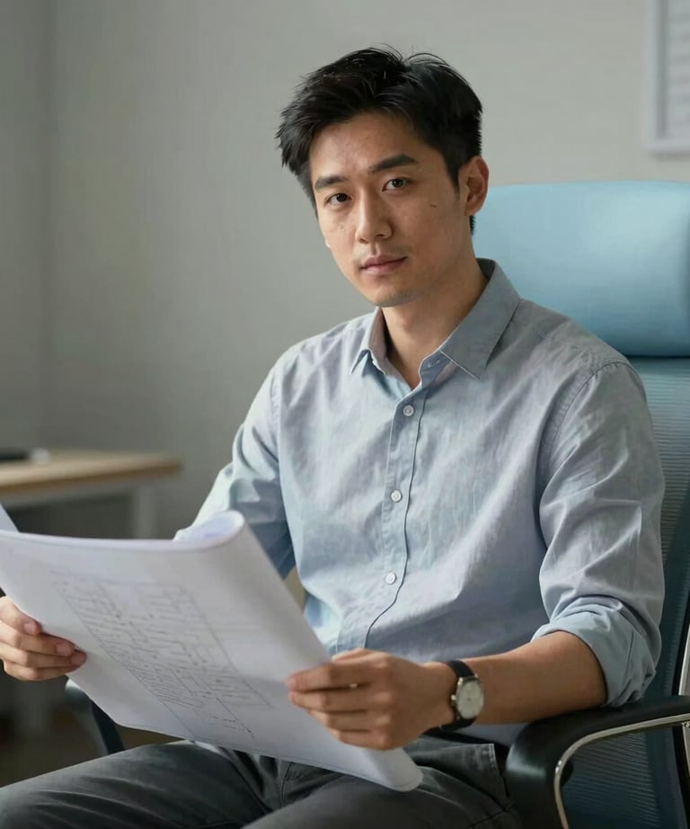 Portrait of a young professional man sitting in a light blue modern office chair, holding a blueprint roll, looking toward the camera.