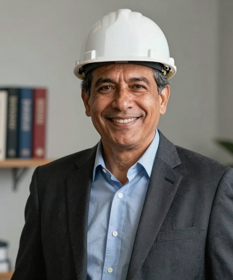 A professional portrait of an experienced South American civil engineer in a business casual outfit, smiling confidently. Soft, neutral office background with technical books.