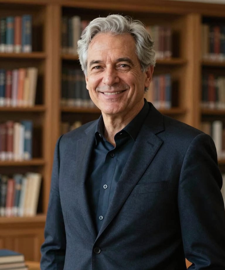 Portrait of a professional man in his 50s with grey hair and a friendly smile, wearing a dark navy suit jacket, standing in a library-like setting.