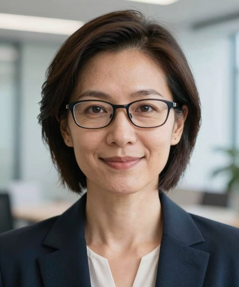 Headshot of a mid-career professional woman with glasses, smiling softly, in a bright office environment. Soft blue accents in the background.