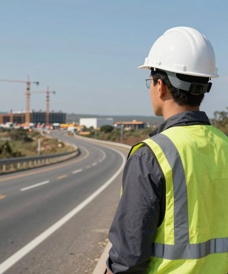 A professional photography of a civil engineer in a white hard hat standing on a highway overlook in South America, looking towards a horizon of infrastructure development. Daytime lighting with clear blue skies.