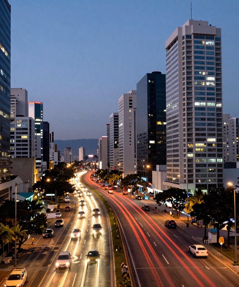 Photography of a modern city expressway at dusk with vibrant car light trails and high-rise buildings in a South American metropolis.