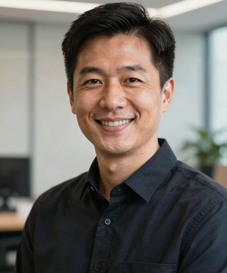 A person in a dark professional shirt looking directly at the camera with a confident, welcoming smile. High-key lighting in a clean office. North American / US setting.
