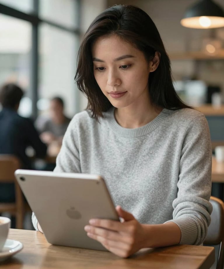 A professional woman in a light gray sweater working on a tablet in a bright, modern cafe setting. She looks approachable and competent. North American / US urban environment.