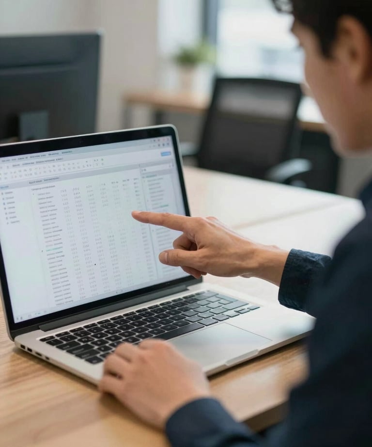 A person pointing to data on a laptop screen while explaining it to another person (out of frame). The focus is on the collaborative and supportive interaction. North American / US office.