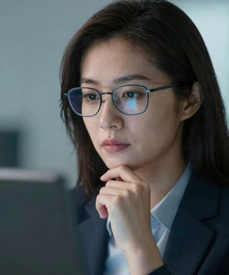 A close-up of a professional woman with glasses looking thoughtfully at a screen, illuminated by soft blue light. She represents the expert advisor team. North American / US professional setting.