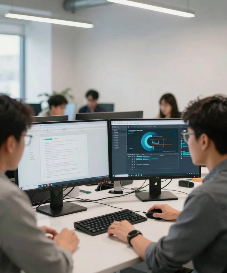 A clean, modern tech office with developers working at dual monitors. The scene is bright and energetic. North American / US startup context.