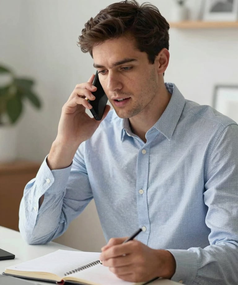 A man in a smart casual shirt speaking on a phone while taking notes on a notepad. He looks focused and helpful. The background is a clean, modern home office. North American / US context.