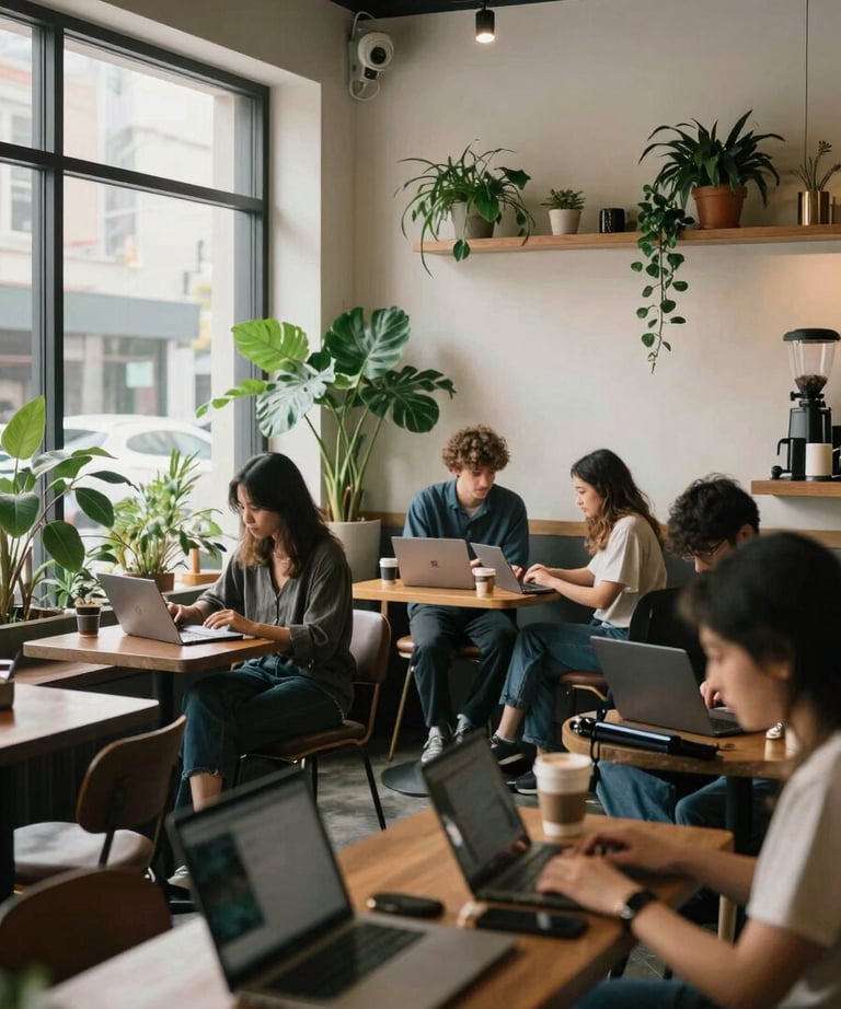 An inviting, artisan coffee shop interior with plants and customers using laptops. Reflects the spirit of small business. North American / US location.
