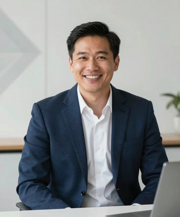 A professional man in a navy blue blazer smiling at a desk. Behind him is a wall with subtle geometric art. The scene is bright and professional. North American / US business context.