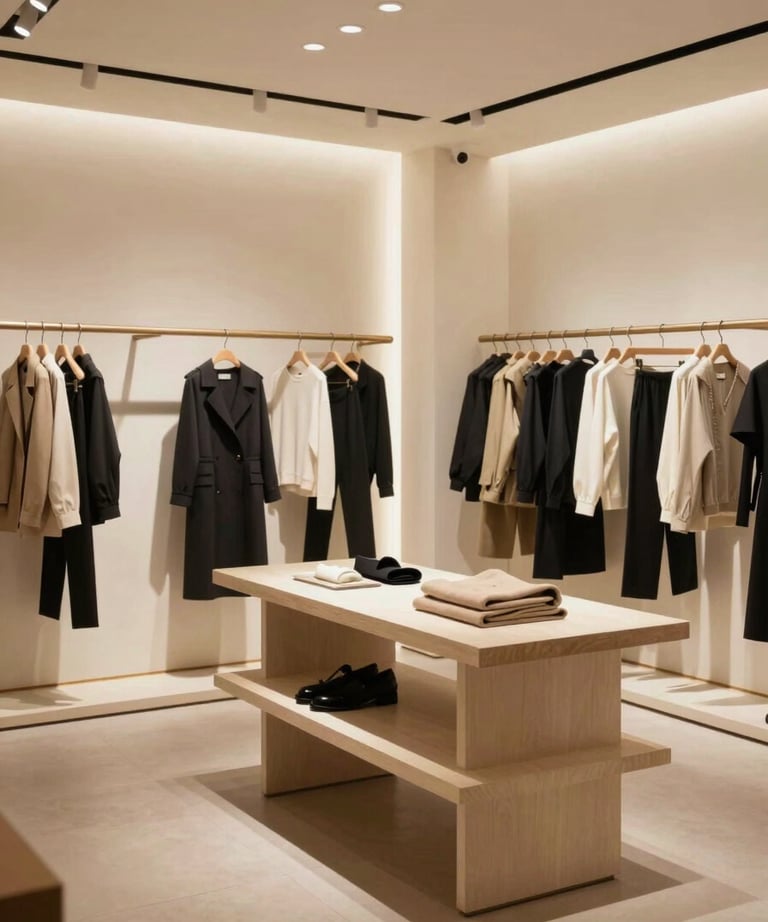 A high-end interior of a modern fashion boutique with minimalist displays and warm lighting. North American / US retail setting.