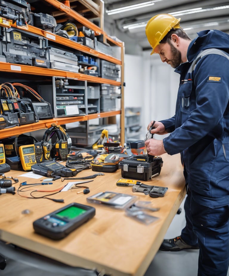 a person wearing a white suit and blue gloves