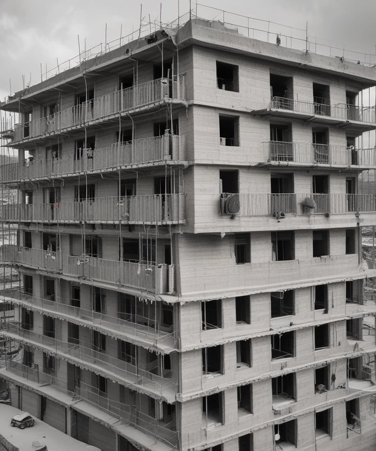 A partially constructed building with concrete structures and wooden scaffolding forming intricate patterns. The architecture is bathed in dim lighting, casting shadows and highlighting the geometric shapes of the construction materials.