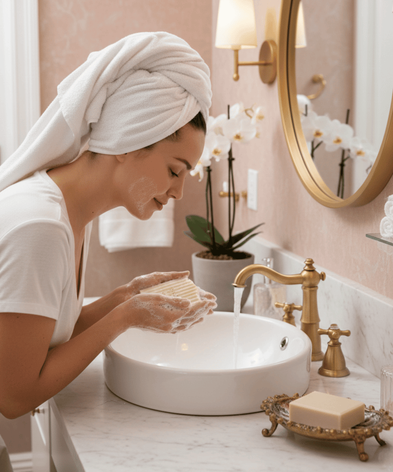 image of lady washing her face with talow soap