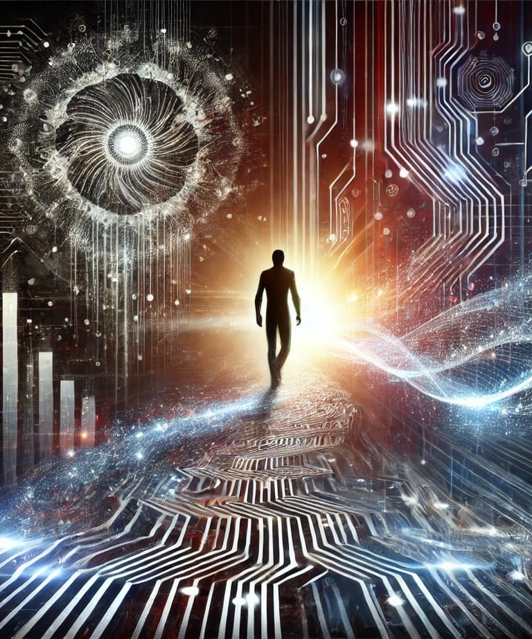 a man walking up a shiny microchip pathway