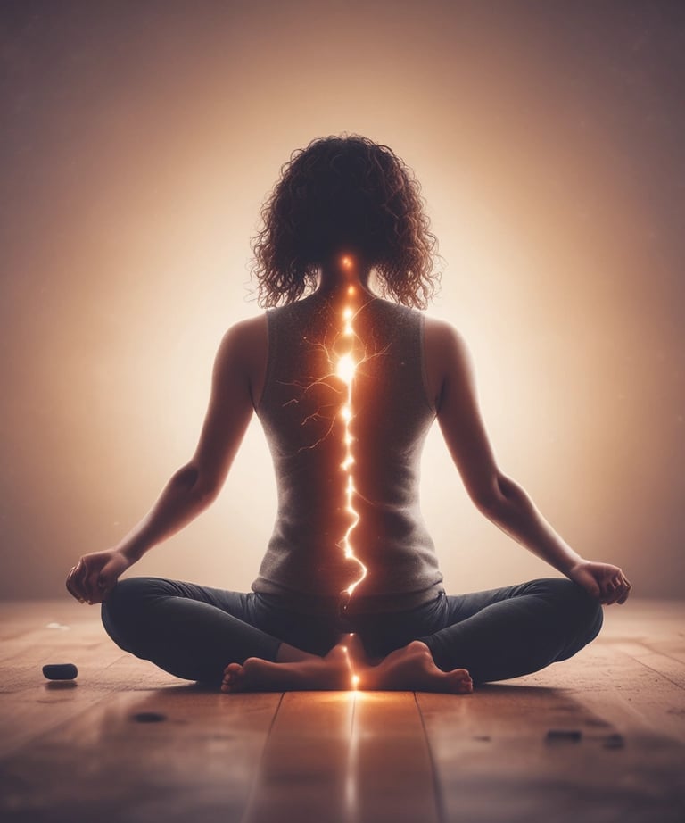 a woman sitting in a lotus position with a lightning bolt on spine