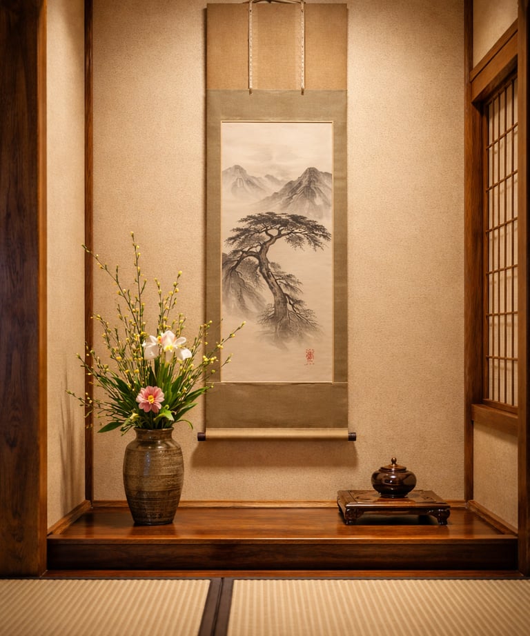 Traditional Japanese tokonoma alcove featuring a hanging scroll, ikebana flower arrangement, and tatami flooring.