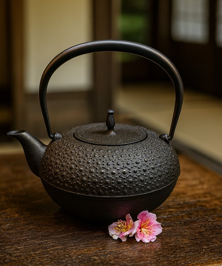 Traditional Japanese cast iron tetsubin teapot with pink cherry blossoms on a wooden table.