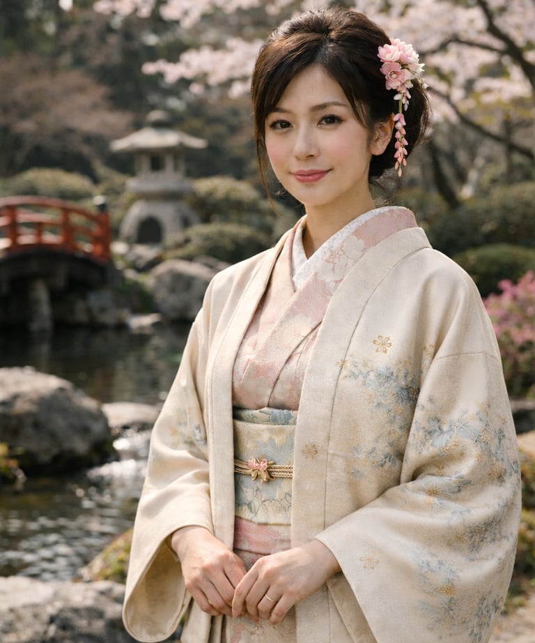 A Japanese woman in a traditional silk kimono poses in a zen garden with cherry blossoms.