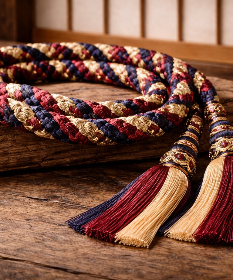 Hand-braided Japanese kumihimo silk cord with tassels on a rustic wooden surface.