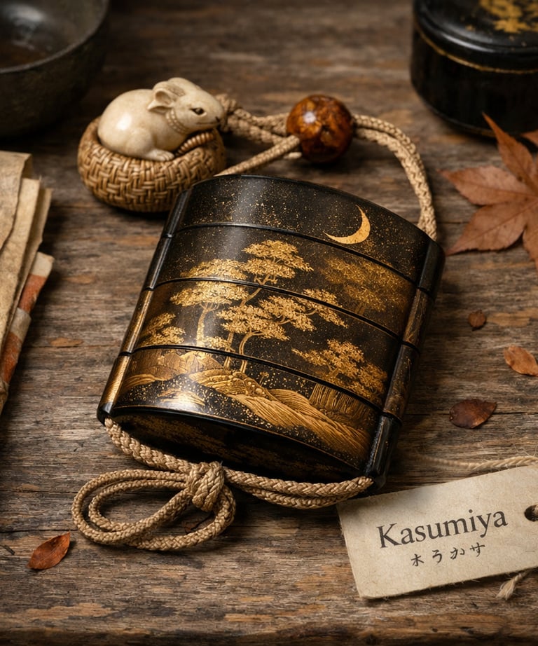 Antique Japanese inro case with gold maki-e lacquer landscape on a rustic wooden table.