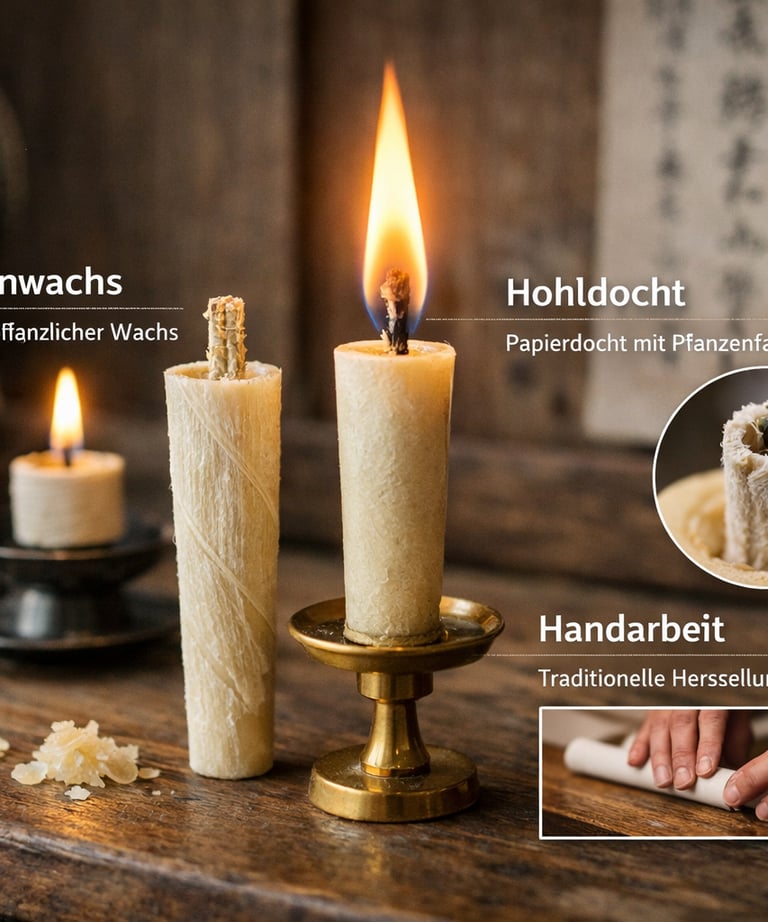 Traditional handmade plant wax candles with hollow paper wicks on a rustic wooden table.
