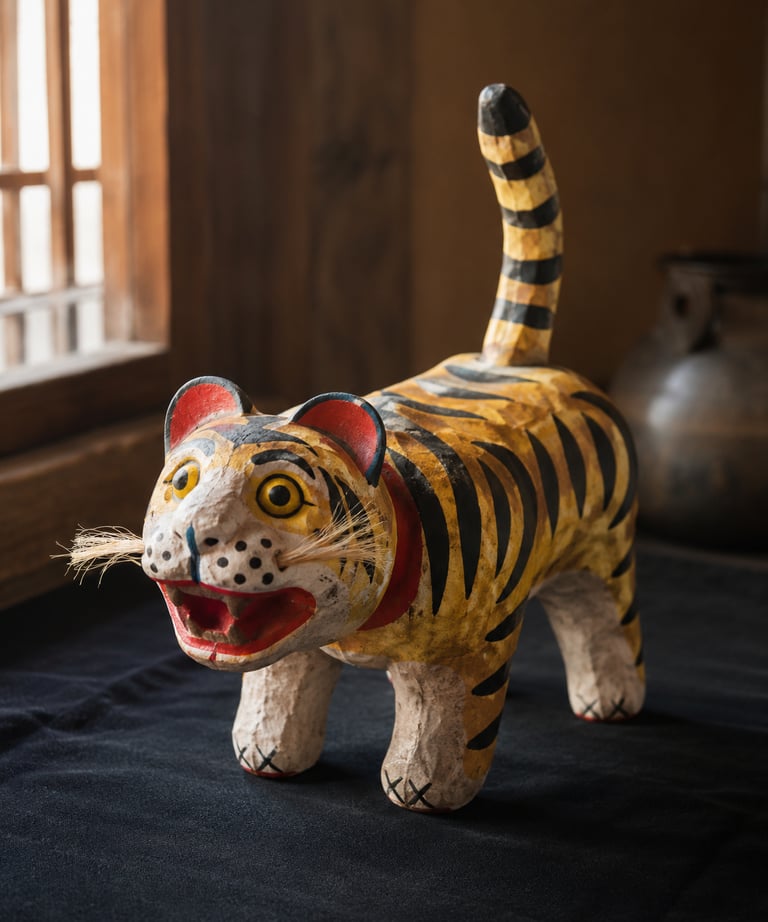 Handcrafted vintage Japanese papier-mache tiger figurine Hariko-tora with striped tail and whiskers.