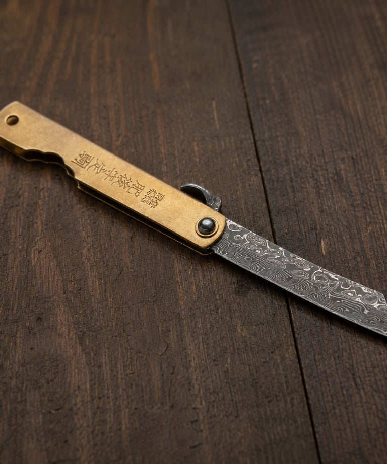 A Japanese Higonokami folding pocket knife with a Damascus steel blade and brass handle on wood.
