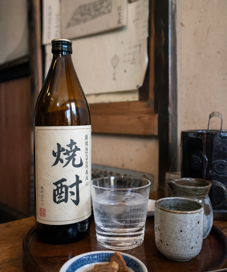 Japanese shochu bottle and glass on a wooden tray with traditional ceramic sake cups and appetizers.