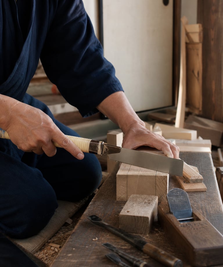 A woodworker uses a Japanese pull saw to cut a wooden block on a traditional workbench.
