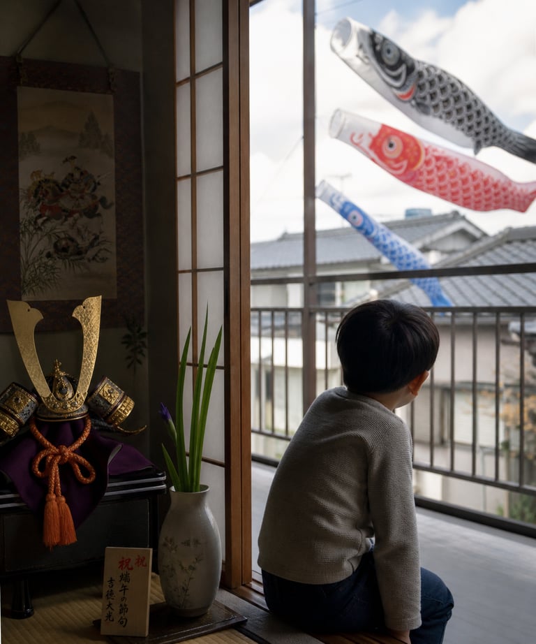 A young boy watching Koinobori carp streamers fly outside during Japanese Children's Day.