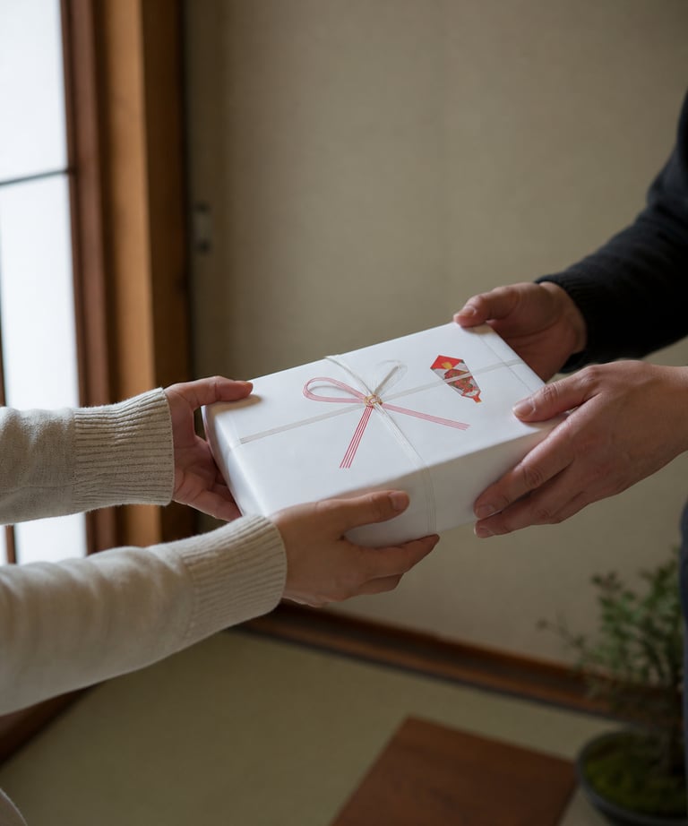 A person handing a traditional Japanese gift box wrapped in white paper with a mizuhiki bow to another person.