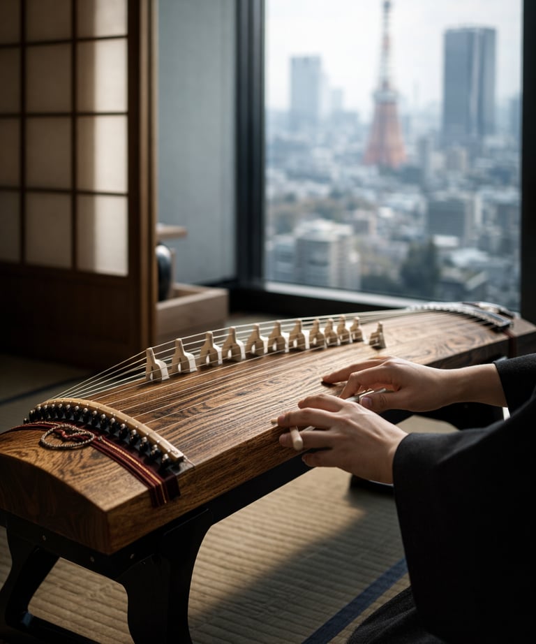 Musician playing a traditional Japanese koto instrument with a blurred Tokyo Tower skyline view.