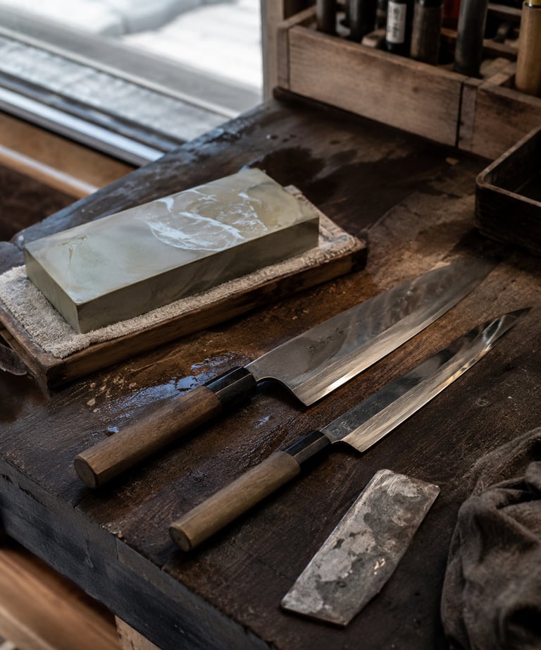 Professional Japanese kitchen knives resting on a wooden sharpening station next to a whetstone.