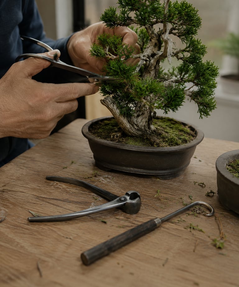 A person carefully pruning a green juniper bonsai tree using specialized shears and traditional tools.