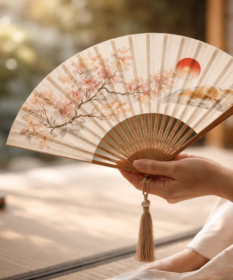 A woman in a silk kimono holds a traditional Japanese folding fan featuring cherry blossom art.