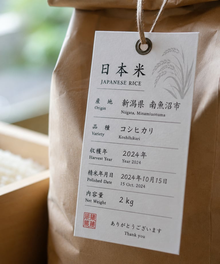 Bag of premium Japanese Koshikari rice from Niigata with a detailed product information tag.