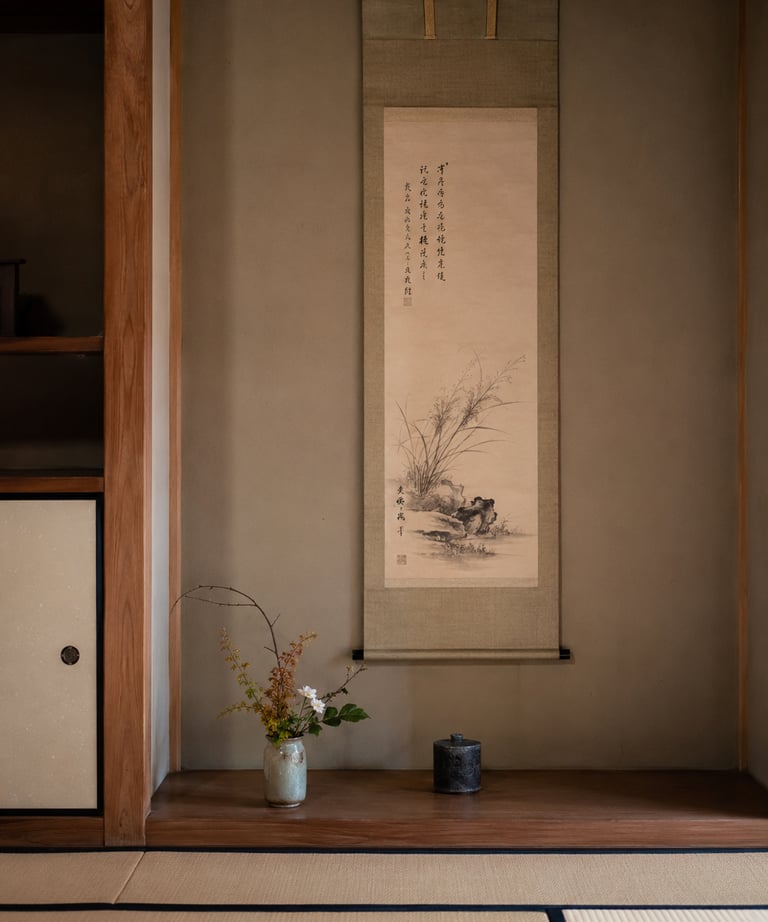 Minimalist Japanese tokonoma with a hanging scroll, ikebana floral arrangement, and tatami flooring.