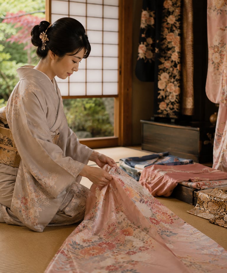 A Japanese woman in a traditional silk kimono folds floral fabrics on a tatami mat floor.