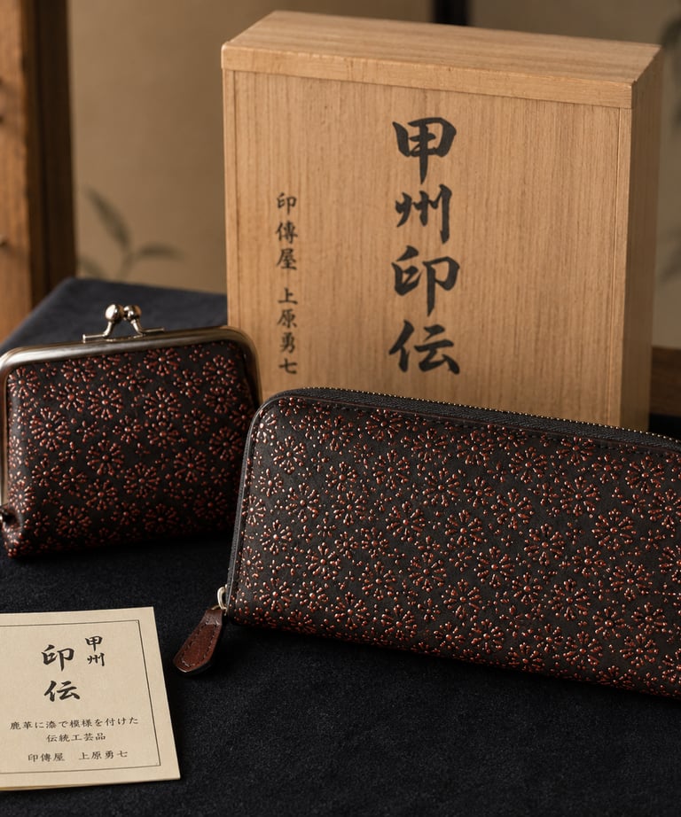 Traditional Japanese Koshu Inden patterned leather long wallet and coin purse set with a wooden gift box.