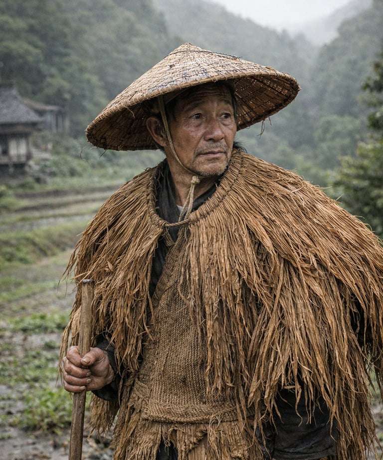 Elderly Asian farmer in traditional straw rain cape and conical hat standing in a misty field.