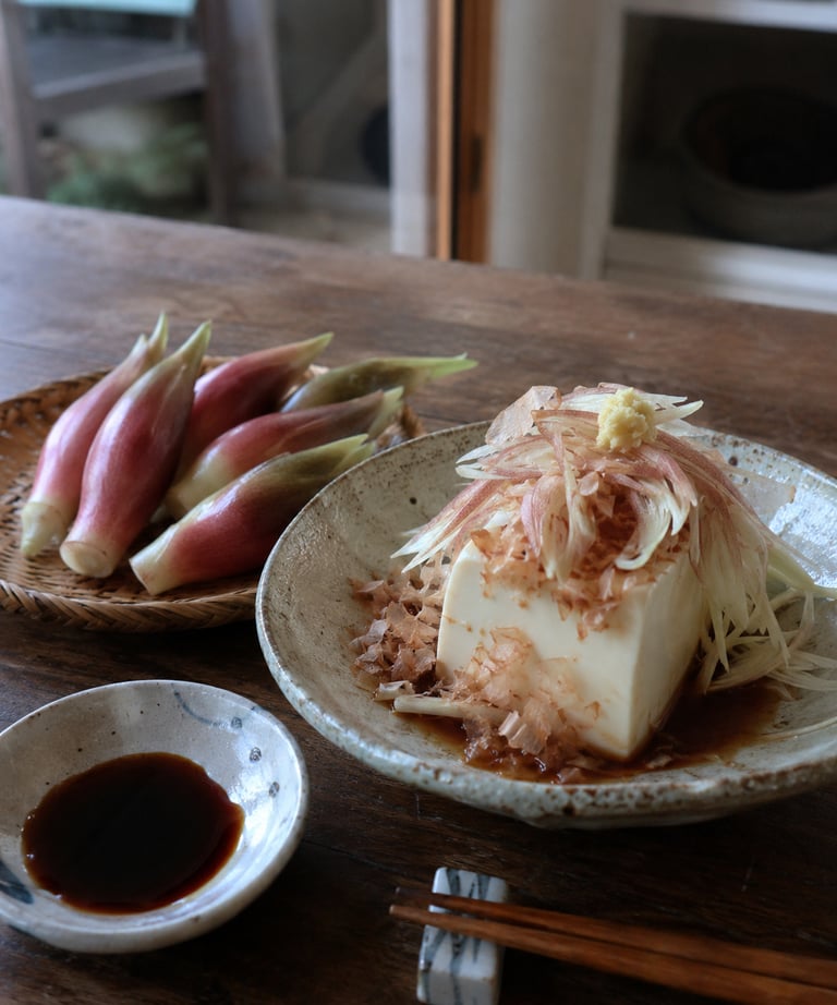 Hiyayakko Japanese cold tofu topped with bonito flakes and sliced myoga ginger on a wooden table.